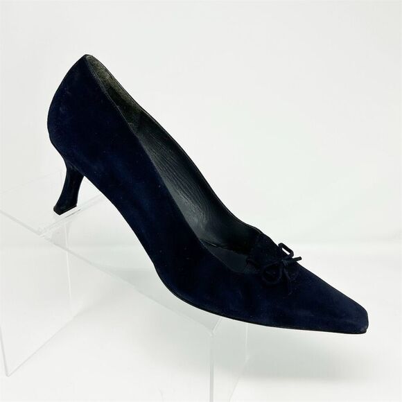 Stuart Weitzman Dark Navy Blue Suede Pumps with Bow Size 11 Square Toe Classic - Picture 2 of 14